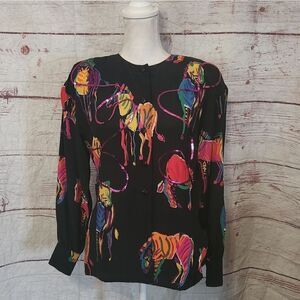 Vintage Escada Silk Colorful Rainbow and Sequins Zebra Blouse Size Small/36